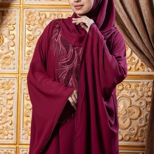 Maroon Color Abaya with Embroidery & Stone Work